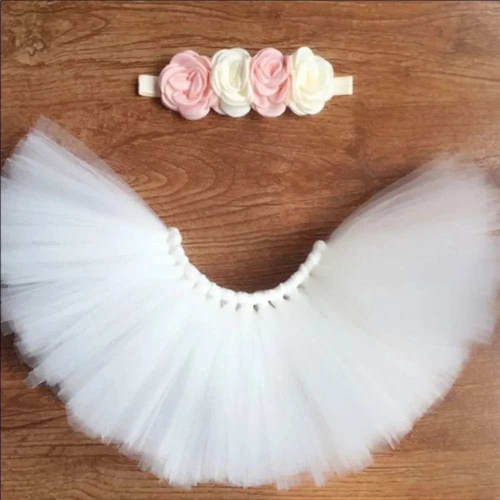 NEW Newborn Girl Lace Floral Head Accessory White Tulle Skirt Set